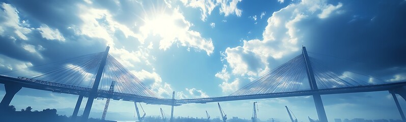 Poster - A stunning view of a bridge under a bright blue sky, illuminated by the sun, showcasing beautiful cloud formations.