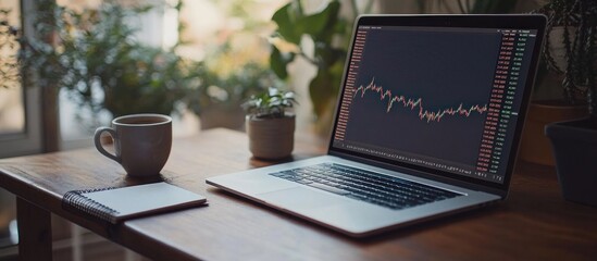 Wall Mural - laptop with a financial chart on the screen, a coffee mug and a notepad on a wooden table.