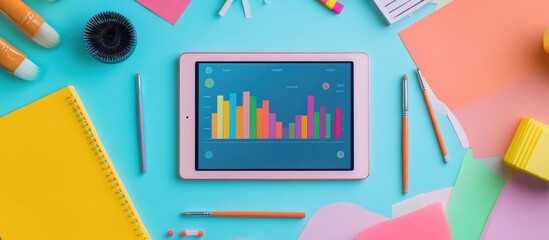 Wall Mural - a tablet displaying a colorful bar graph is surrounded by office supplies on a blue surface.