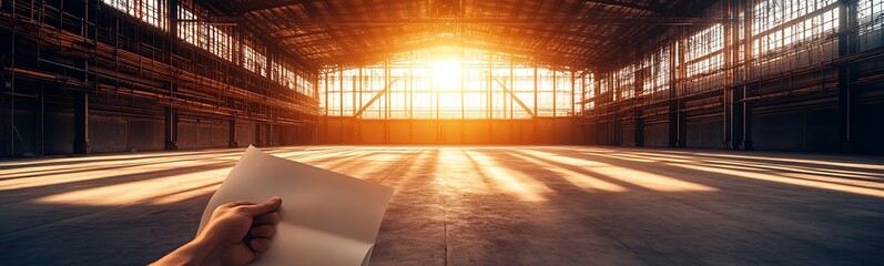 Leinwandbilder - A sunlit warehouse interior with long shadows and a hand holding a piece of paper, capturing a moment of inspiration and solitude.