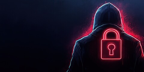 A mysterious figure in a hooded jacket with a glowing red padlock on their back.