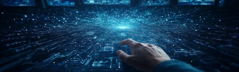 Leinwandbilder - A futuristic hand reaches towards a luminous, starry digital landscape, symbolizing connection and exploration in a virtual realm.