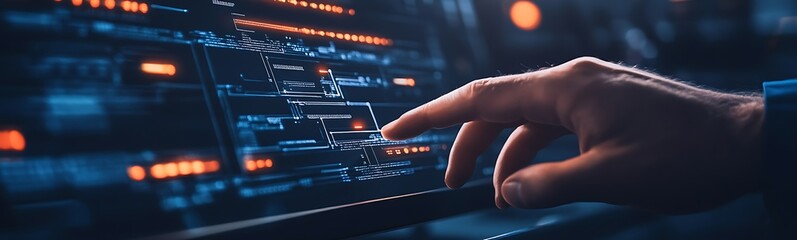 Poster - A hand interacts with a futuristic digital interface, featuring glowing buttons and complex patterns, evoking a sense of technology and interactivity.