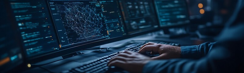 Poster - A person types on a keyboard in front of multiple screens displaying data and visual patterns in a dark, tech-focused environment.