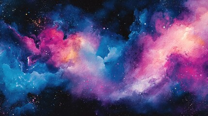 Aufkleber - Vivid ink textured canvas in blue pink and purple presented through 3D cartoon rendering featuring cosmic neon watercolors on a black paper background This abstract illustration showcases a bright