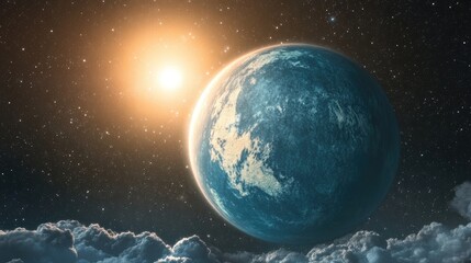 Aufkleber - Beautiful alien planet with a cloudy atmosphere illuminated by a star presented in 3D cartoon rendering habitable exoplanet