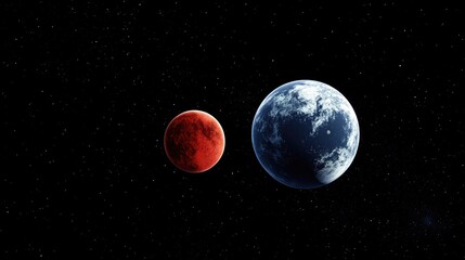Fototapete - Beautiful Earth and the red Moon in 3D cartoon rendering