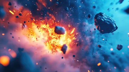 Poster - Asteroid invasion in the universe depicted in 3D cartoon style Abstract representation of a meteor collision