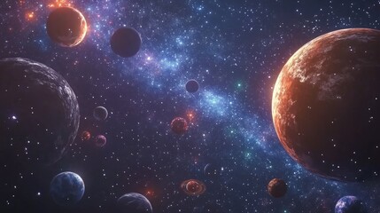 Aufkleber - 3D cartoon depiction of 2D illustration featuring deep interstellar space with stars planets moons and comets showcasing various science fiction creative backdrops in space art