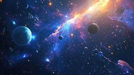 Aufkleber - A 3D cartoon depiction of a vibrant cosmos featuring bright stars planets and moons Diverse science fiction backgrounds with illustrations of alien solar systems and distant space scenes create a 