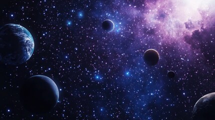 Aufkleber - 2D illustration featuring a 3D cartoon rendering of a deep vast space scene Bright stars planets and moons create various science fiction backdrops Space art depicting alien solar systems and dist