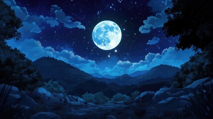 Fototapete - Full Moon in the dark night sky rendered in 3D cartoon style