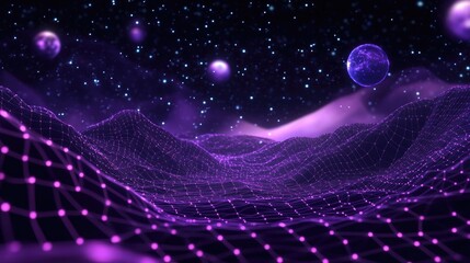 Leinwandbilder - Abstract ultraviolet landscape featuring a dark background with a purple cyberspace grid showcasing a hi tech network and violet starry outer space texture in a 3D cartoon rendering