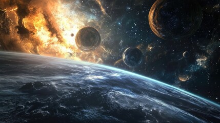 Aufkleber - 3D cartoon depiction of a 2D illustration featuring a space scene Creative backdrop with deep vastness stars planets and moons Various science fiction elements and alien solar systems Space art