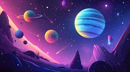 Aufkleber - 3D cartoon depiction of a 2D illustration featuring a space scene Creative backdrop with deep vastness stars planets and moons Various science fiction elements and alien solar systems Space art