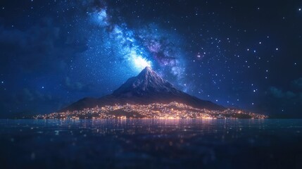Aufkleber - 3D cartoon depiction of the Milky Way framing a mountain and a small city featuring increased image noise due to high ISO