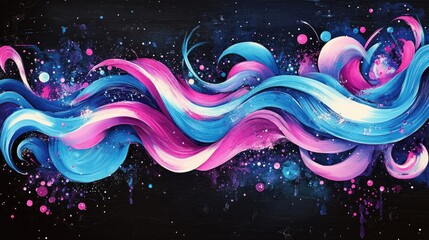 Poster - Vivid ink textured blue pink and purple colors in a 3D cartoon rendering of an abstract cosmic design This bright vintage inspired watercolor illustration features smeared elements on a black pape
