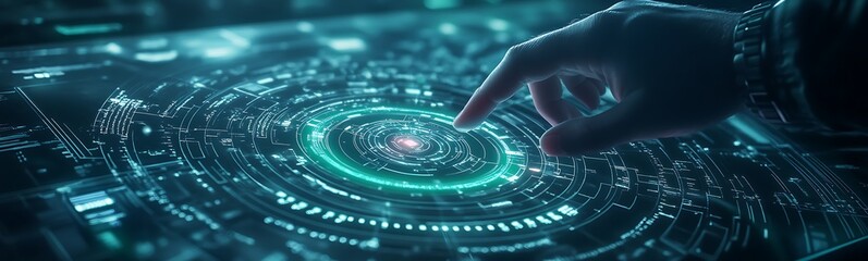 Aufkleber - A futuristic hand interacts with a glowing digital interface, showcasing advanced technology and data visualization.