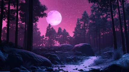 Aufkleber - Night landscape forest in 3D cartoon rendering featuring a pink starry sky created with digital spray art technique