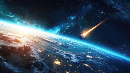 Aufkleber - Aerial view from space of a comet meteor deep impact on planet Earth rendered in 3D cartoon style