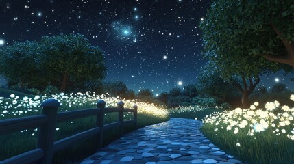 Aufkleber - 3D cartoon representation of a starry night along a scenic pathway