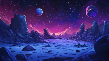 Aufkleber - 2D illustration featuring a 3D cartoon rendering of a deep vast space scene Bright stars planets and moons create various science fiction backdrops Space art depicting alien solar systems and dist