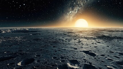 Aufkleber - Curved horizon of a barren crater filled planet against a starry sky in 3D cartoon rendering evoking otherworldly exploration