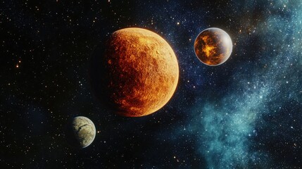 Aufkleber - Alien planetary system with satellite in a 3D cartoon rendering