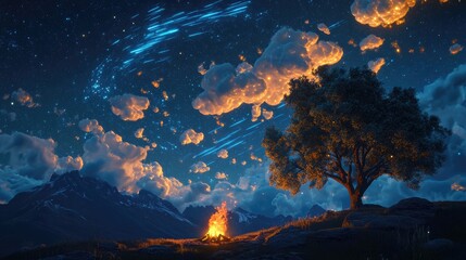 Aufkleber - Cartoon rendering in 3D of glowing clouds above mountains with a campfire under a tree featuring star trails against a dark blue sky Night photography captured with long exposure showcasing a vast