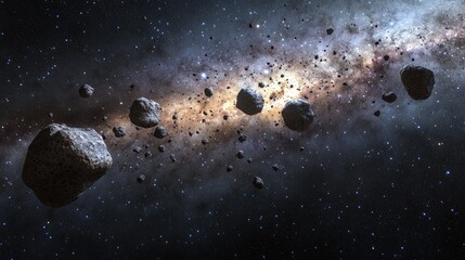 Aufkleber - 3D cartoon depiction of asteroids within a galaxy nebula