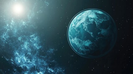 Aufkleber - Exoplanet with atmosphere and blue nebula in 3D cartoon rendering