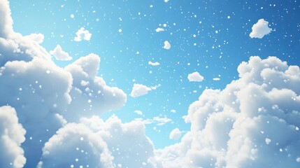 Fototapete - 3D cartoon rendering showcasing a bright blue sky with light clouds and snowfall