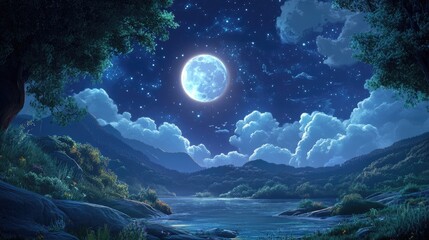 Poster - Cartoon rendering in 3D of a moonlit night scene