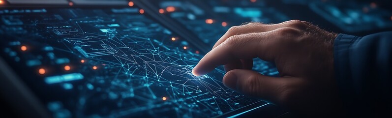 Aufkleber - A close-up of a hand interacting with a futuristic touchscreen interface featuring intricate digital patterns and glowing elements.