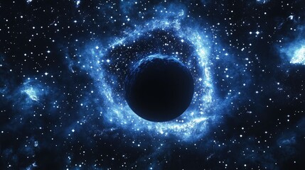 Wall Mural - 3d cartoon depiction of a black hole surrounded by shiny stars in a deep cold space with a blue nebu
