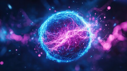 Fototapete - 3D cartoon rendering featuring a sphere ball of blue and purple energy magic circle showcasing futuristic waves and particle lines representing atomic energy and electricity Abstract background