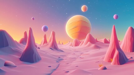 Aufkleber - 3D illustration of an alien planet in a cartoon rendering style