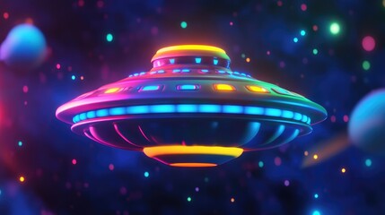 Aufkleber - Colorful and funny cartoon scene featuring a galactic alien UFO spacecraft designed as a 3D rendering for kids