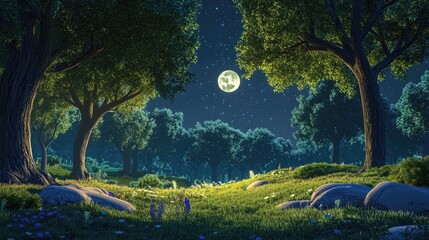 Aufkleber - Beautiful landscape in moonlight with 3D cartoon rendering of trees
