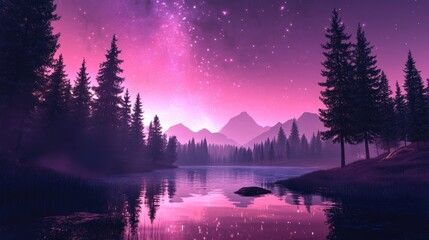 Aufkleber - Night landscape forest in 3D cartoon rendering featuring a pink starry sky created with digital spray art technique