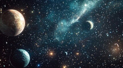 Aufkleber - 2D illustration in a cartoon draw style featuring a 3D rendering Various science fiction creative backdrops set in deep interstellar space showcasing stars planets and moons Space art illustration