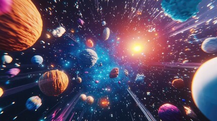 Aufkleber - 3D cartoon depiction of 2D illustration featuring deep interstellar space with stars planets moons and comets showcasing various science fiction creative backdrops in space art