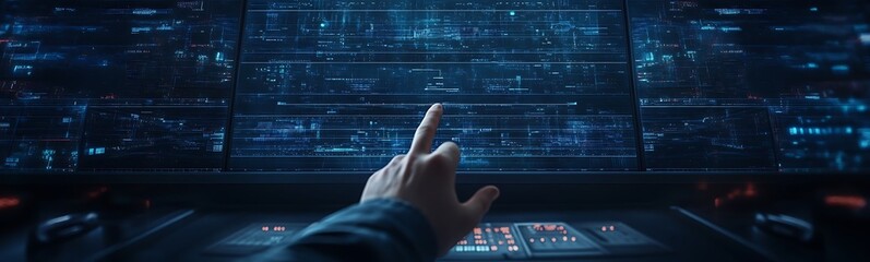 Fototapete - A futuristic hand gestures towards a digital interface displaying complex data and glowing screens in a high-tech environment.