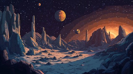 Poster - 2D illustration in a cartoon draw style featuring a vast and deep space scene The artwork includes stars planets moons and various imaginative science fiction backdrops showcasing alien solar syst