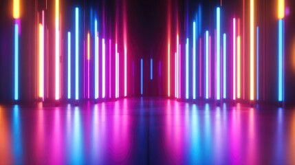 Leinwandbilder - Bright varied random lights in a 3D cartoon rendering featuring modern neon technology and floodlights created through computer generated illustration