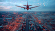 © Nattapol - Aerial view of cargo port with airplane flying overhead, showcasing logistics and transportation technology. scene highlights containers and digital elements