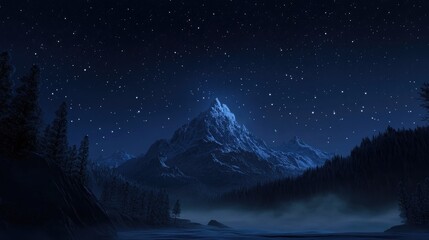 Aufkleber - Night sky landscape with mountain silhouette in 3D cartoon rendering