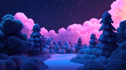 Aufkleber - Night landscape forest in 3D cartoon rendering featuring a pink starry sky created with digital spray art technique
