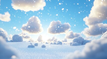 Fototapete - 3D cartoon rendering showcasing a bright blue sky with light clouds and snowfall