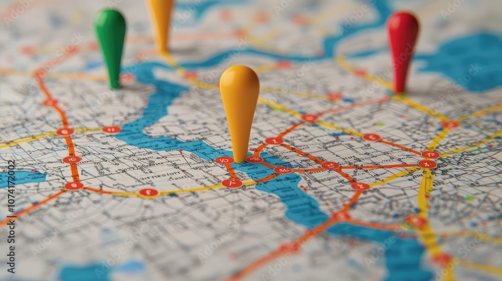Colorful map pins on a detailed city map with roads and landmarks ...